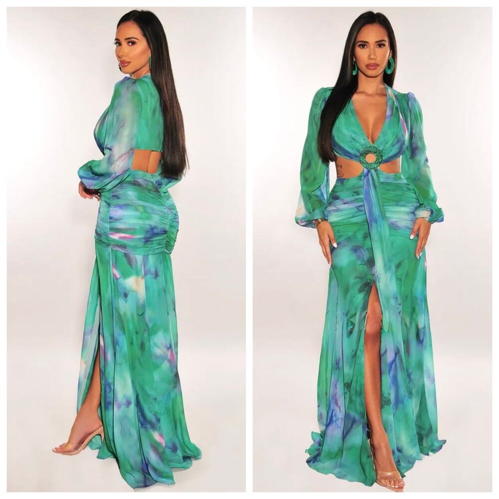 Banjul Emerald Green Tie Dye Cutout O Ring Maxi Dress Large Rhinestone Ruched